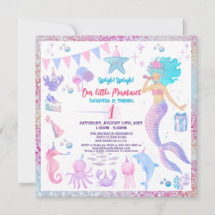 Pink Purple 1st Whimsical Girl Mermaid Birthday Invitation