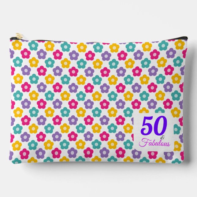 Pink Purple 50 & Fabulous Typography Party Accessory Pouch (Front)
