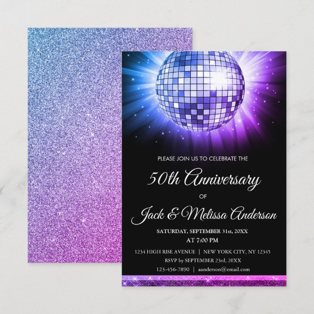 Pink Purple 50th Anniversary Party Disco Ball Invitation (Front/Back)
