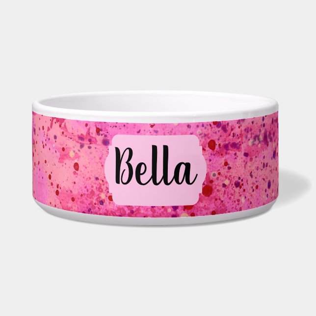 Pink Purple Abstract Personalized Ceramic Pet Bowl (Front)