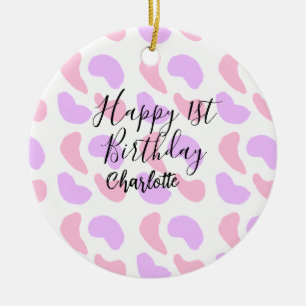 Pink purple abstracts shapes happy 1st birthday na ceramic tree decoration