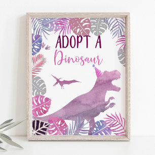 Pink Purple Adopt A Dinosaur Birthday Sign