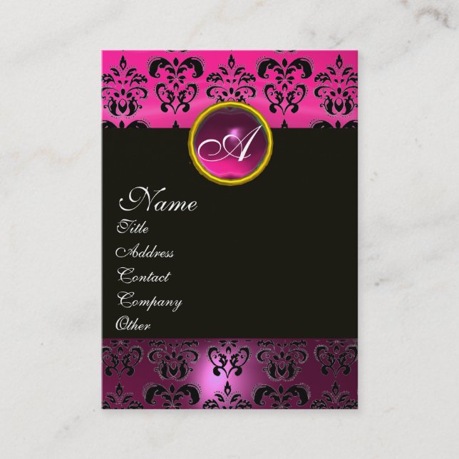 PINK PURPLE AMETHYST DAMASK MONOGRAM ,fuchsia gold Business Card (Front)