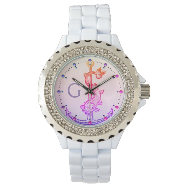 PINK PURPLE ANCHOR WITH FISH NAUTICAL MONOGRAM WATCH (Front)
