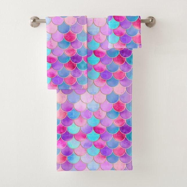 Pink, Purple and Aqua Mermaid Scale Pattern Bath Towel Set (Insitu)