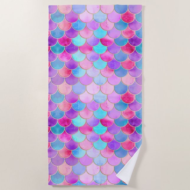 Pink, Purple and Aqua Mermaid Scale Pattern Beach Towel (Front)