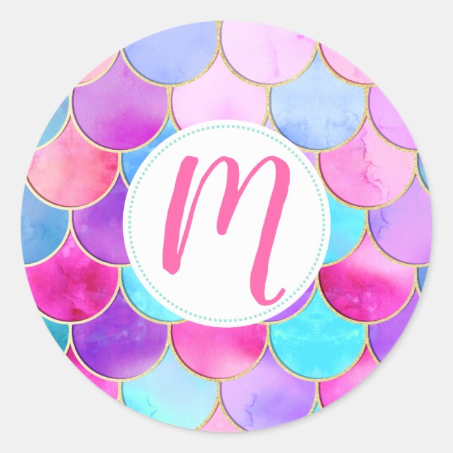 Pink, Purple and Aqua Mermaid Scale Pattern Classic Round Sticker (Front)