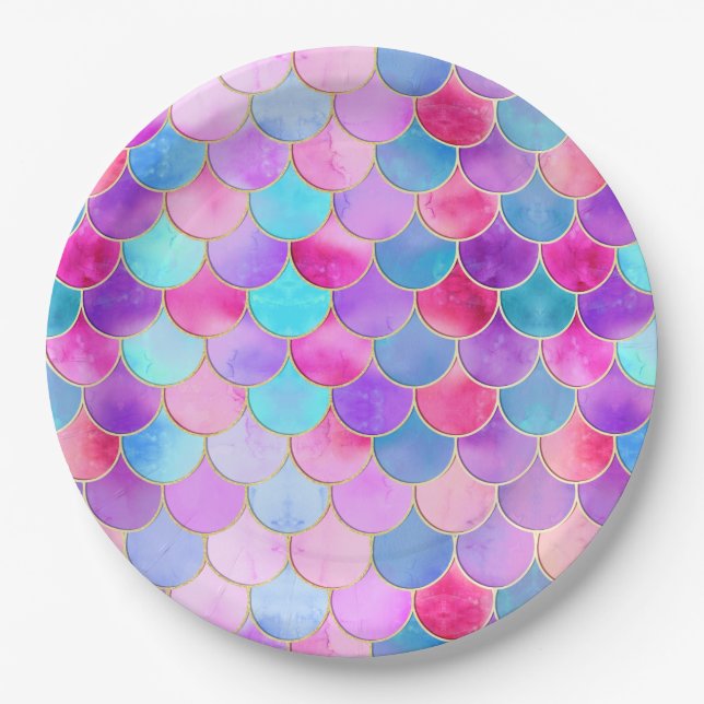 Pink, Purple and Aqua Mermaid Scale Pattern Paper Plate (Front)