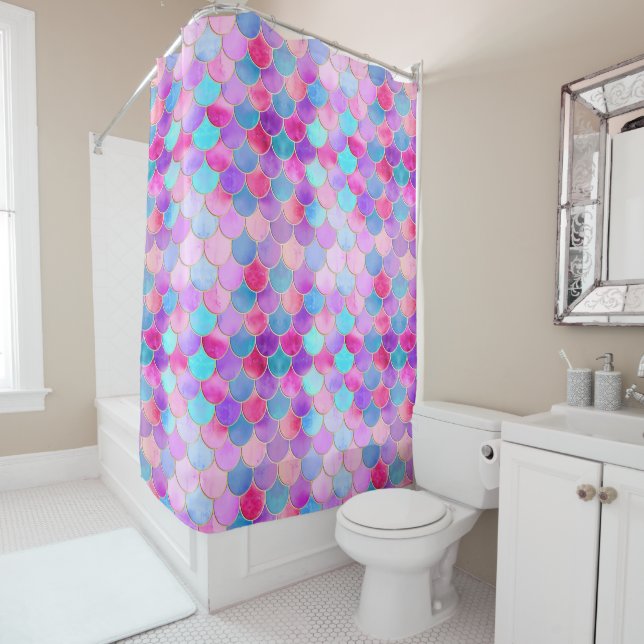 Pink, Purple and Aqua Mermaid Scale Pattern Shower Curtain (In Situ)