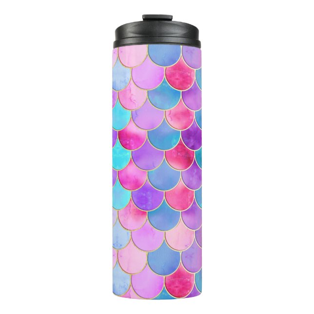Pink, Purple and Aqua Mermaid Scale Pattern Thermal Tumbler (Front)