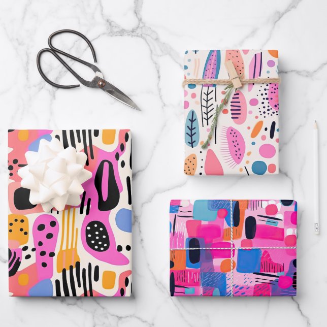 Pink, Purple and Blue Abstract Bohemian Pattern Wrapping Paper Sheet (Front)