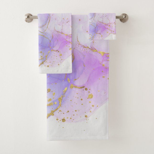 Pink, Purple and Blue Alcohol Ink Bath Towel Set (Insitu)