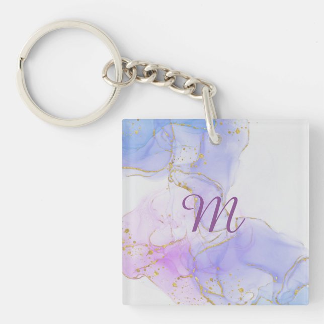 Pink, Purple and Blue Alcohol Ink Key Ring (Front)