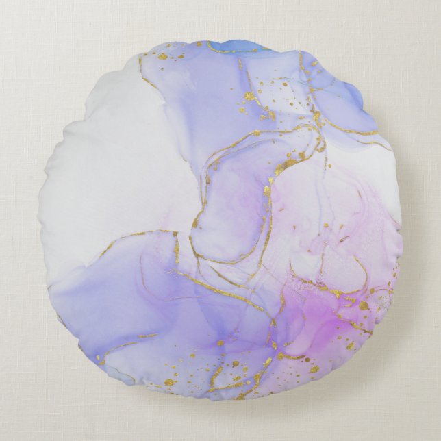 Pink, Purple and Blue Alcohol Ink Round Cushion (Front)