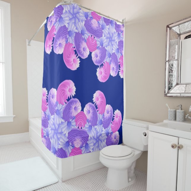 Pink Purple and Blue Flower Pattern Shower Curtain (In Situ)