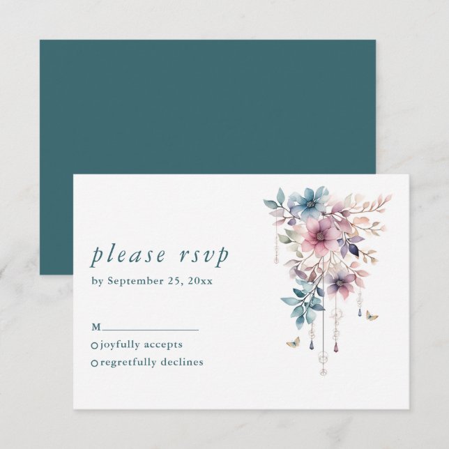 pink purple and blue flowers and butterflies RSVP card (Front/Back)