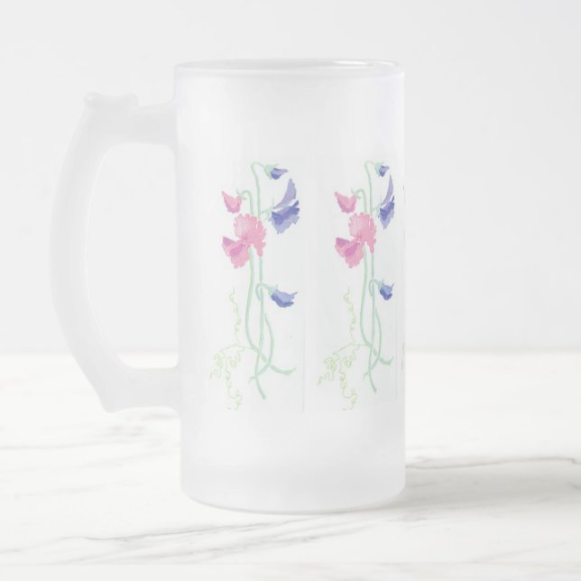 Pink, Purple and Blue Hand-painted Sweet Peas Frosted Glass Beer Mug (Left)