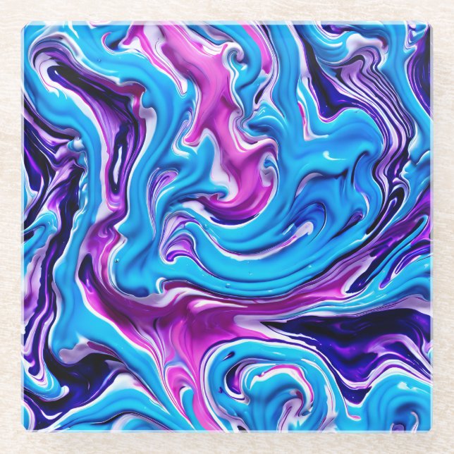 Pink, Purple and Blue Marbling Effect Fluid Art Glass Coaster (Front)