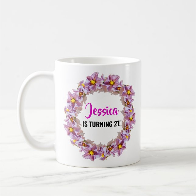 Pink, Purple and Blue Turning 21 Birthday Coffee Mug (Left)