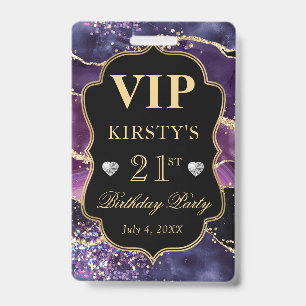 Pink, Purple and Gold Glitter Agate Birthday VIP ID Badge