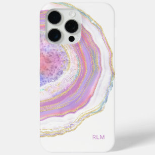 Pink Purple and Gold Marble Geode with Monogram iPhone 15 Pro Max Case