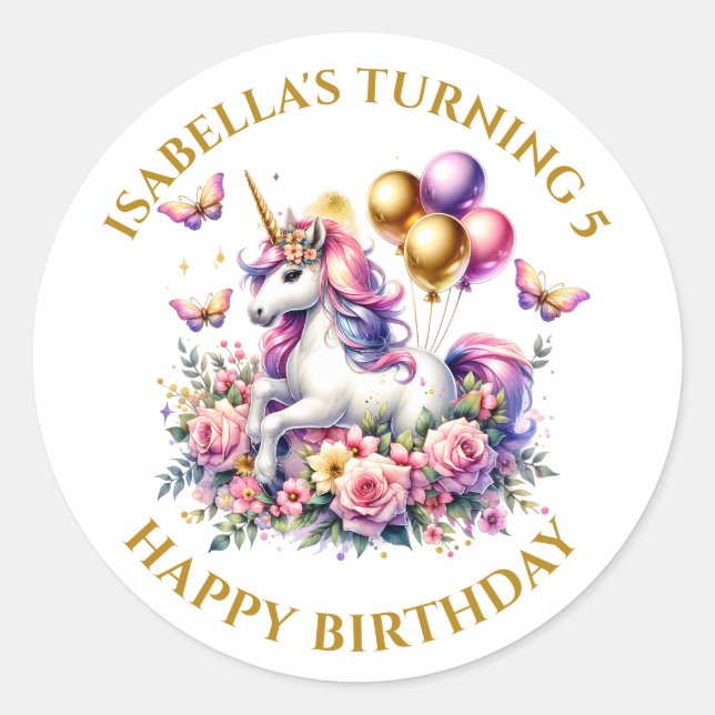 Pink Purple and Gold Unicorn Birthday Personalised Classic Round Sticker (Front)
