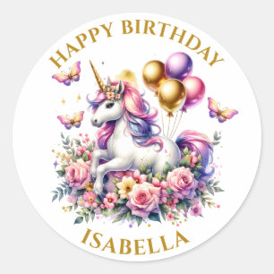Pink Purple and Gold Unicorn Birthday Personalised Classic Round Sticker