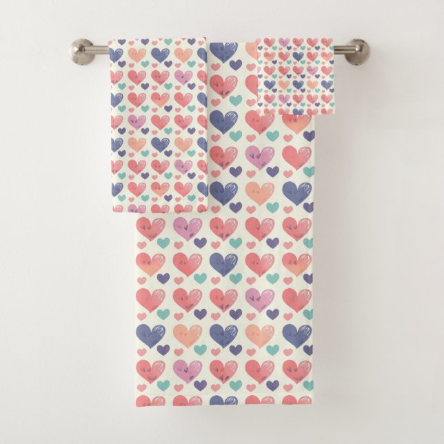 Pink Purple and Orange Hearts Bath Towel Set (Insitu)