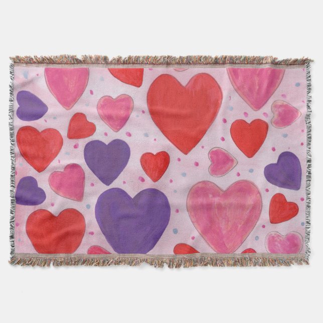 Pink Purple and Red Valentine's Day Hearts Throw Blanket (Front)