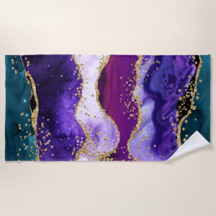 Pink, Purple and Teal Glitter Peacock Agate Beach Towel