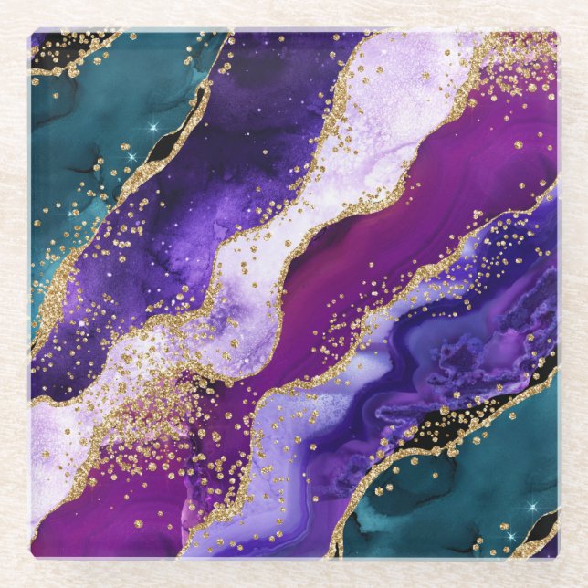 Pink, Purple and Teal Glitter Peacock Agate Glass Coaster (Front)