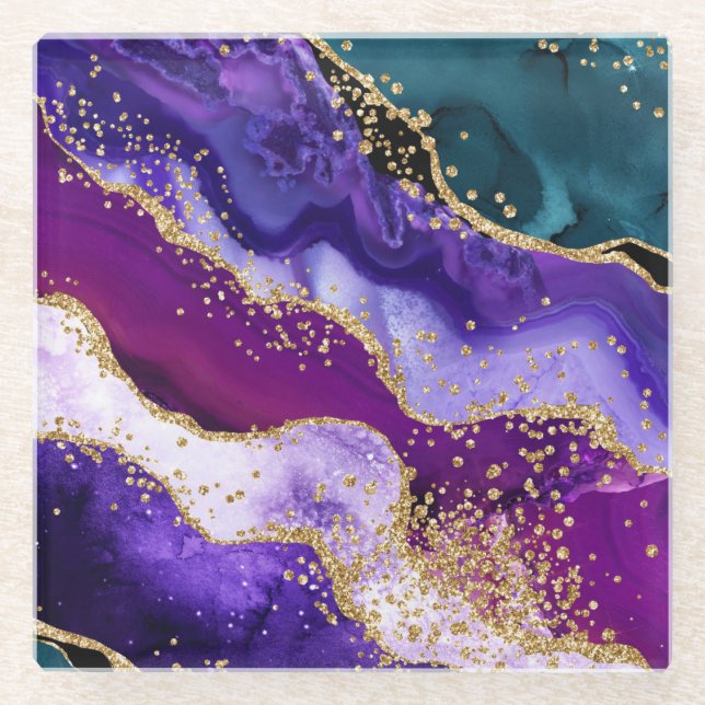 Pink, Purple and Teal Glitter Peacock Agate  Glass Coaster (Front)