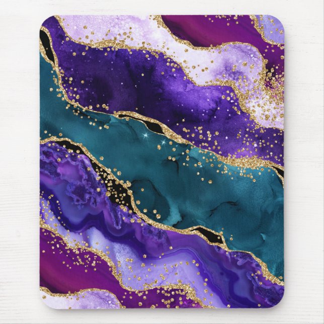 Pink, Purple and Teal Glitter Peacock Agate Mouse Mat (Front)