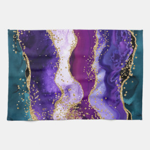 Pink, Purple and Teal Glitter Peacock Agate Tea Towel