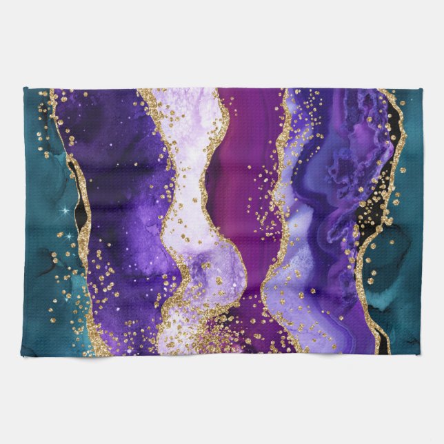 Pink, Purple and Teal Glitter Peacock Agate Tea Towel (Horizontal)