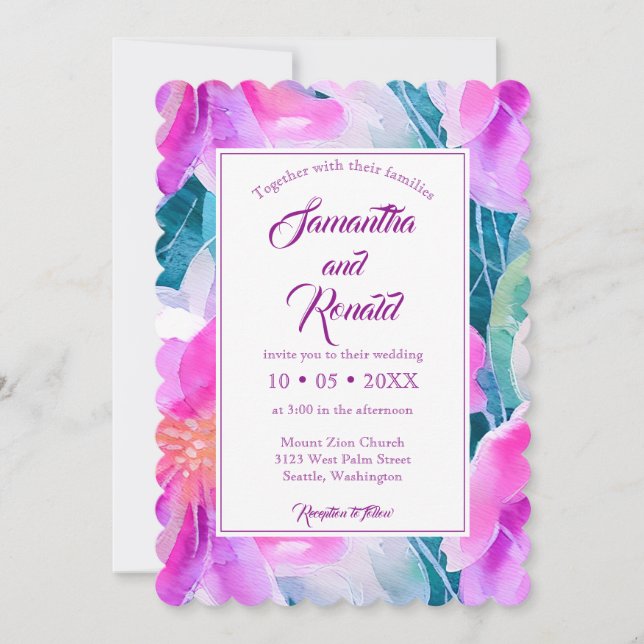 Pink Purple and Teal Watercolor Floral Wedding Invitation (Front)