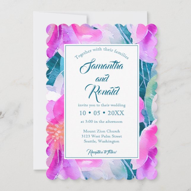 Pink Purple and Teal Watercolor Floral Wedding Invitation (Front)