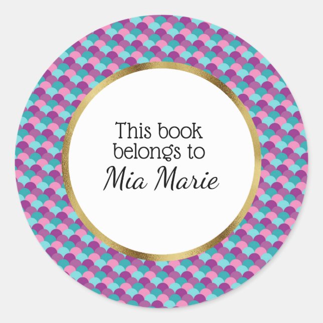 Pink Purple and Teal with Gold Book Name Plate Classic Round Sticker (Front)
