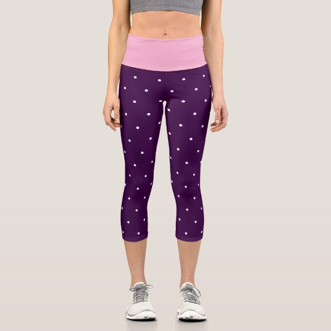 Pink Purple and White Polka Dots  Capri Leggings (Front)
