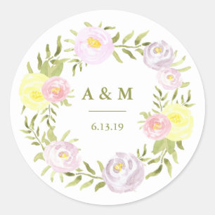 Pink Purple and Yellow Watercolor Roses Wedding Classic Round Sticker
