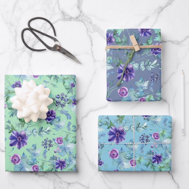 Pink Purple Anemones Spring Outdoor Bridal Shower Wrapping Paper Sheet (Front)
