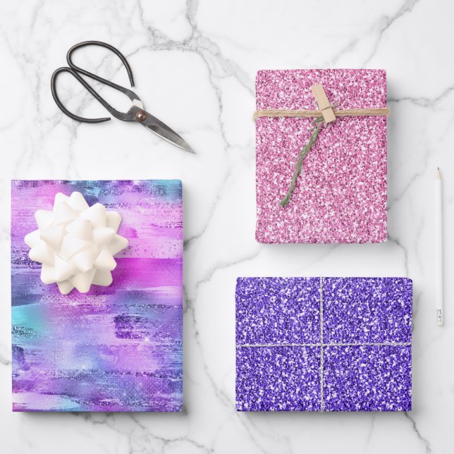 Pink Purple Aqua Sparkle Glitters Wrapping Paper Sheet (Front)