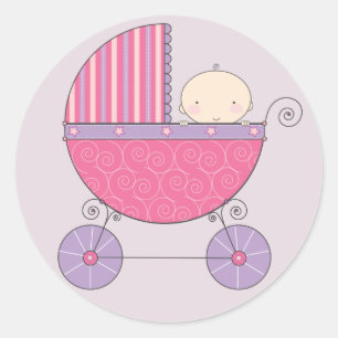 Pink & Purple Baby Girl in Carriage Classic Round Sticker