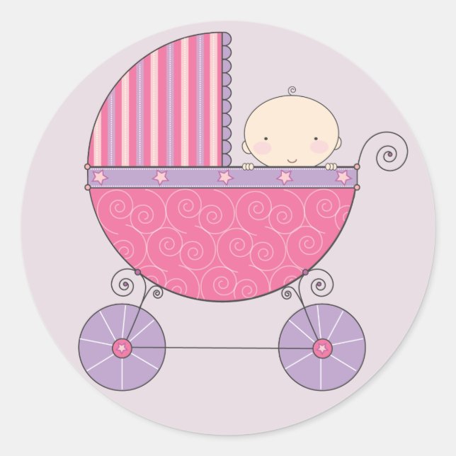 Pink & Purple Baby Girl in Carriage Classic Round Sticker (Front)