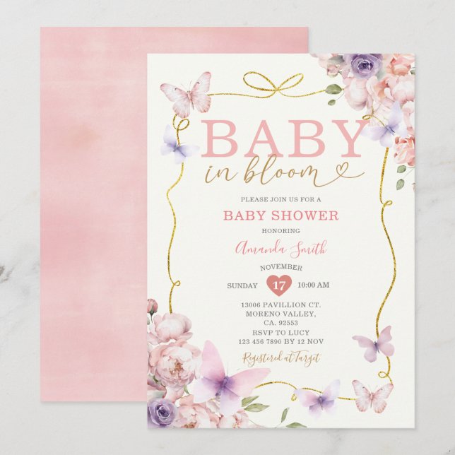  Pink Purple Baby in Bloom Bow Girl Baby Shower  Invitation (Front/Back)