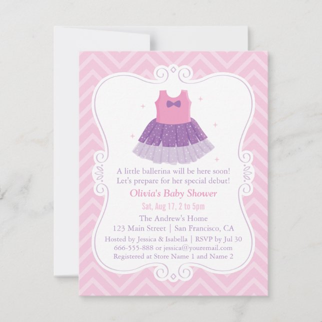 Pink Purple Ballerina Tutu Dress Girl Baby Shower Invitation (Front)