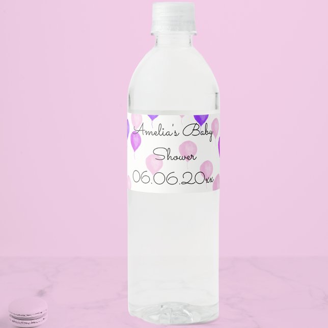 Pink Purple Balloon Baby Shower Water Bottle Label (Creator Uploaded)