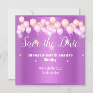 PINK PURPLE BALLOON SAVE THE DATE ANNOUNCEMENT