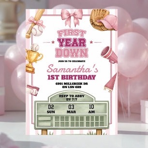 Pink Purple Baseball Theme 1st Year Down Birthday Invitation
