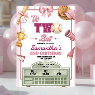 Pink Purple Baseball Theme Up Two Bat Birthday Invitation